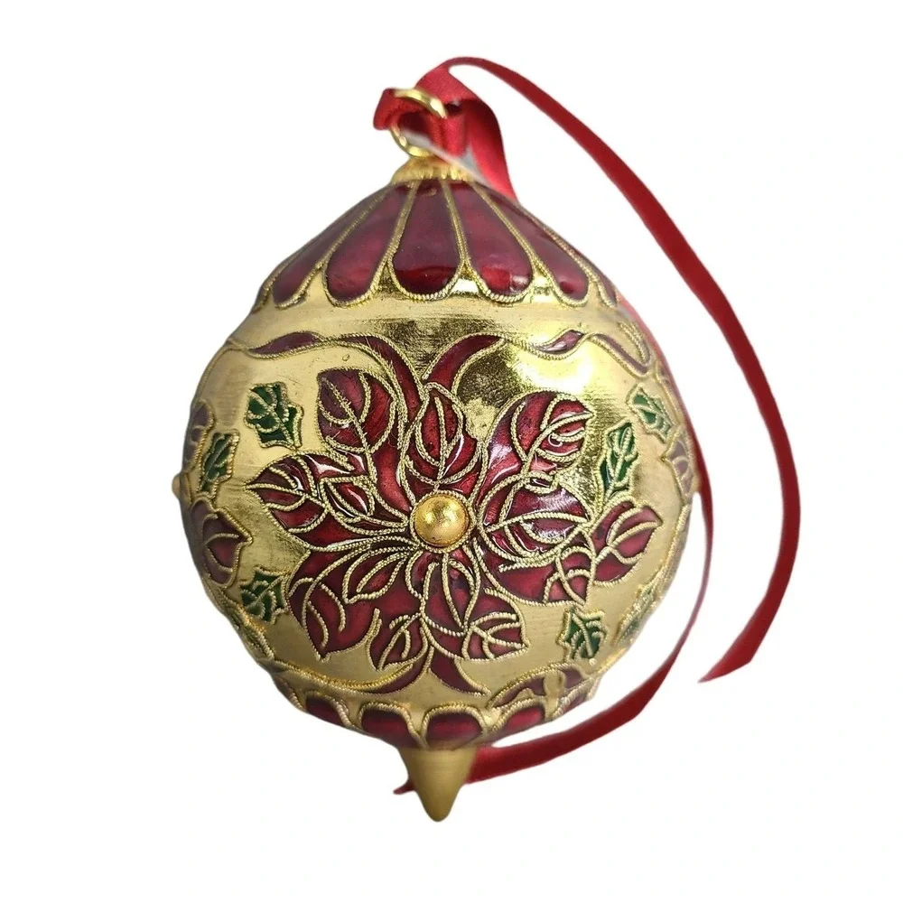 Cloisonne Ornament Red Poinsettia Christmas Gold Holiday New With Gift Box